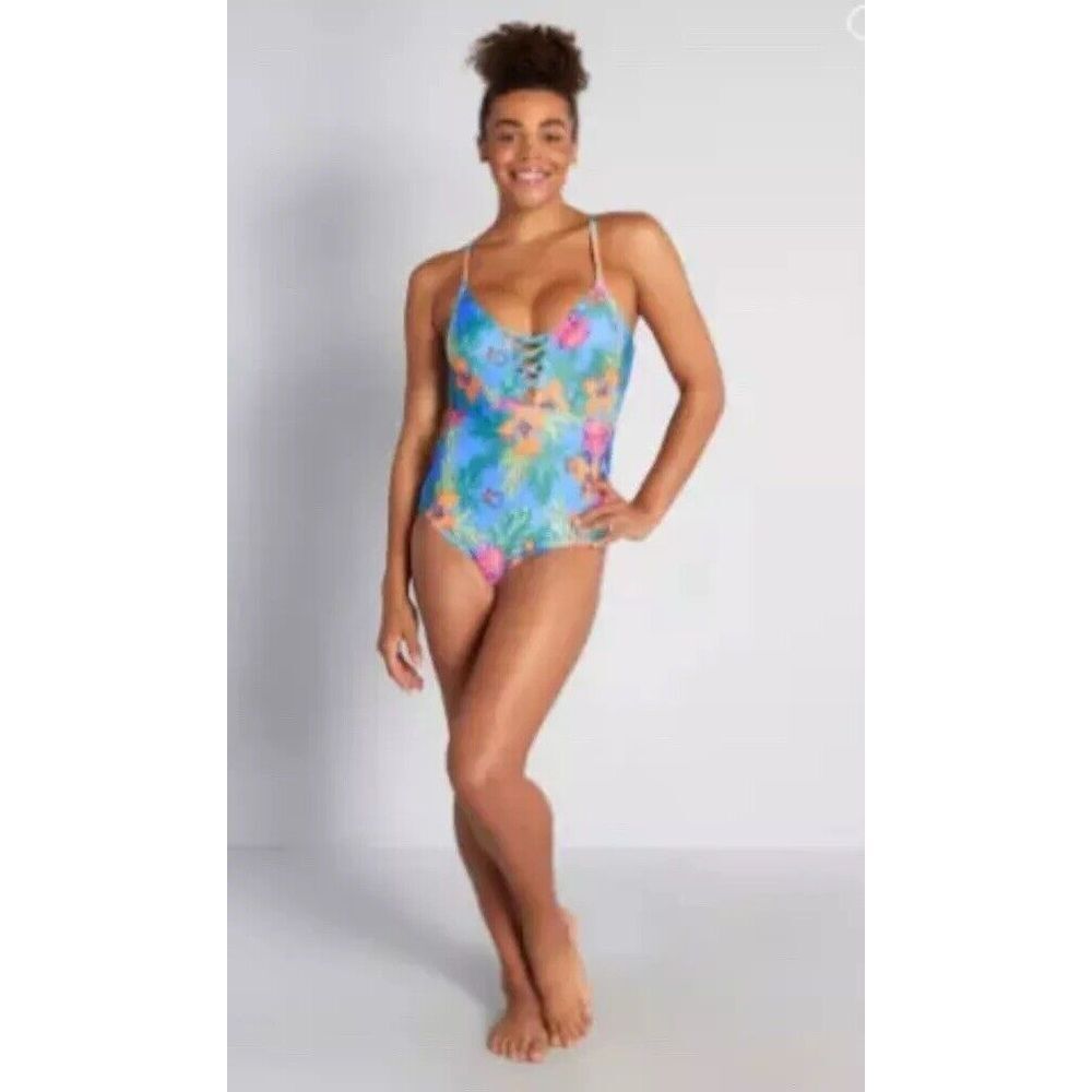 ModCloth The‎ Jenny Floral Tropical One-Piece Swimsuit - Blue Medium